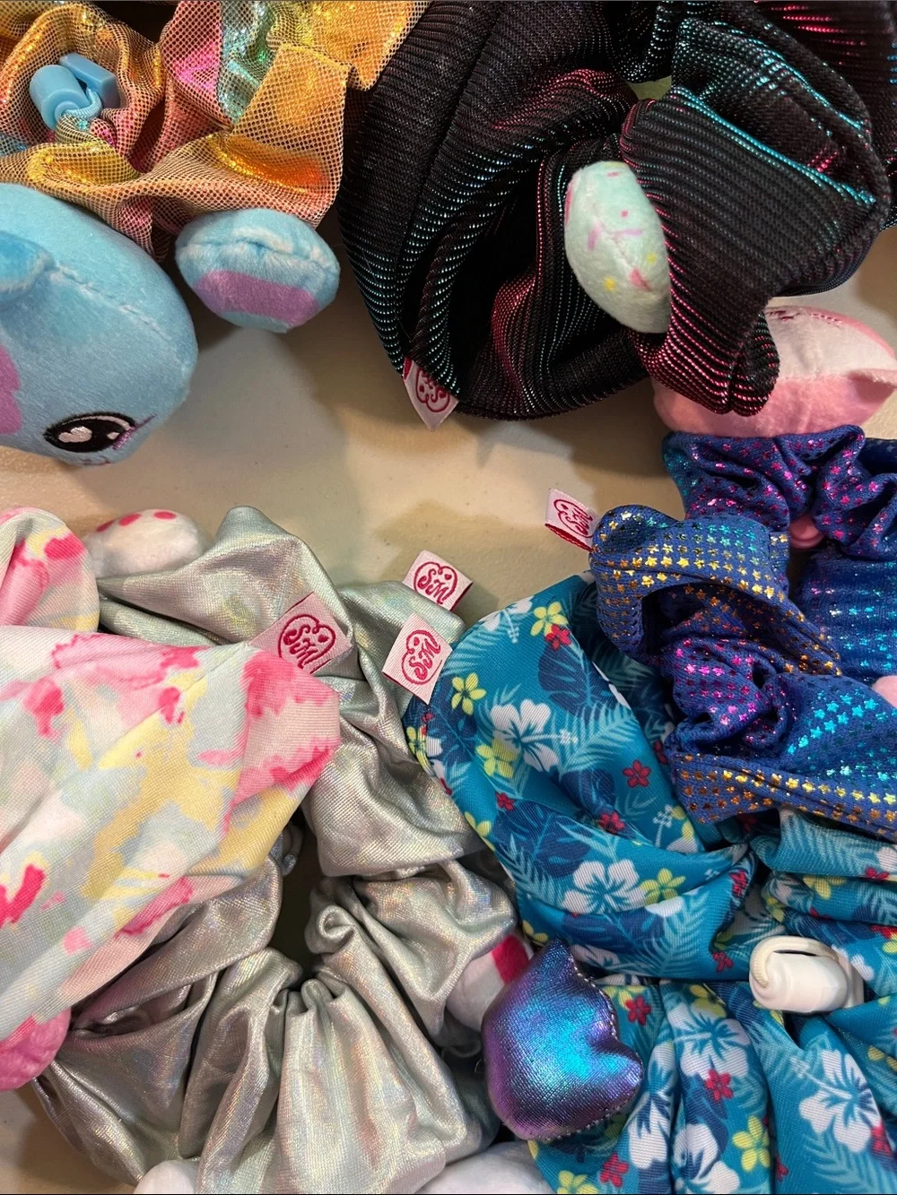 Plush Character Scrunchie Set - Pink, Blue, Red, Black
